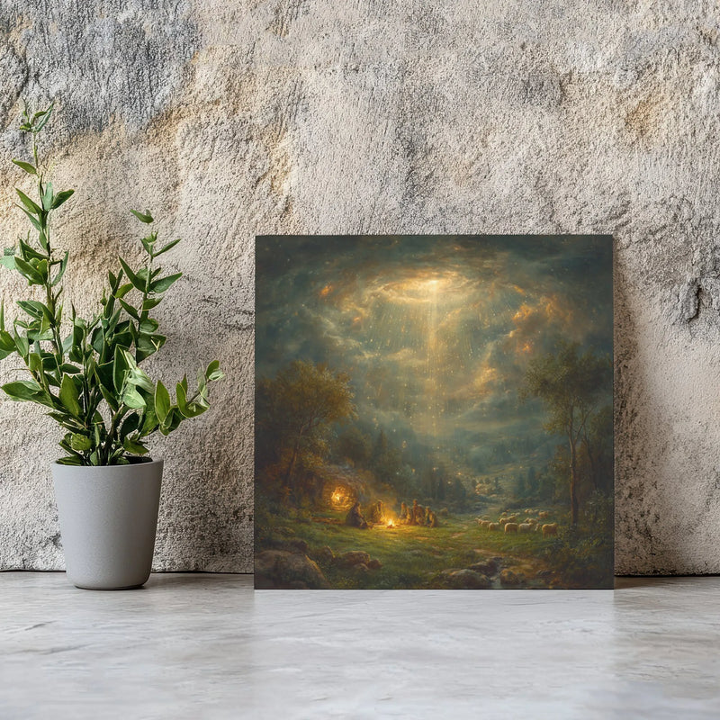 Bethlehem Shepherds Divine Light Painting, Nativity Shepherds Square Canvas, Christian Christmas Wall Decor, Religious Holiday Present