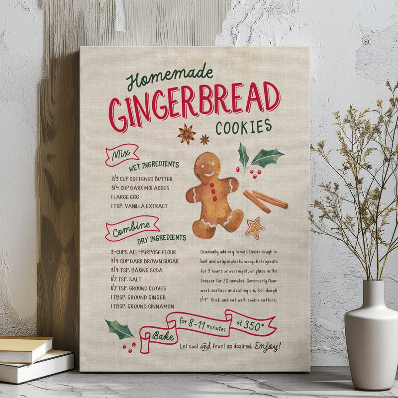 Watercolor Gingerbread Kitchen Poster, Gingerbread Cookie Recipe Canvas Art, Christmas Baking Wall Decor, Gingerbread Digital Download