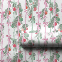 Watercolor Garland Gift Wrap, Christmas Wrapping Paper, Pink and Green Bows Holiday Gift Wrap Paper, Festive Present Wrapping Paper