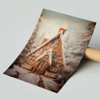 Winter Forest Poster, Gingerbread Church Wall Art, Whimsical Christmas Wall Art, Holiday Cottage Print, Christmas Poster Digital Download