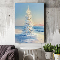 Impressionist Snowy Beach Canvas Print, White Christmas Tree Canvas Wall Art, Coastal Holiday Wall Decor, Winter Ocean Canvas Art Home Present