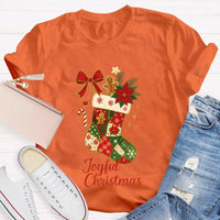 Retro Festive Pattern Tee, Christmas Bows and Holiday Socks Shirt, Adorable Christmas Graphic T-Shirt, Comfy Winter Holiday Present