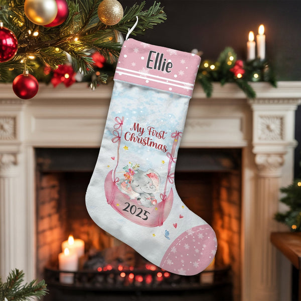 My First Christmas Stocking 2025, Personalized Baby Elephant Moon Christmas Stocking, Custom Baby Holiday Stocking, Nursery C