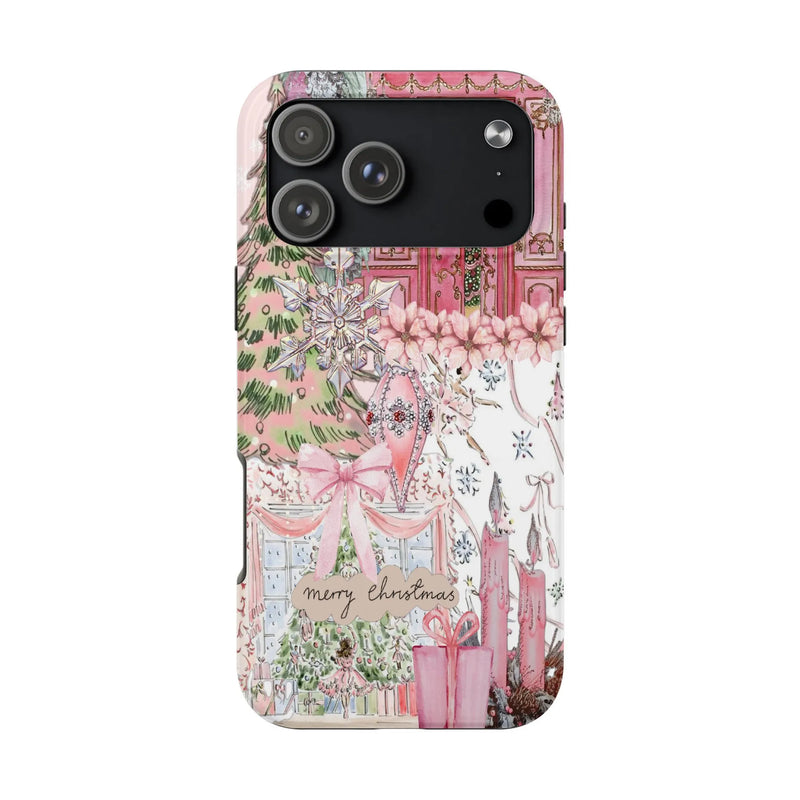 iPhone Tough Phone Cover, Pink Christmas Phone Case, Watercolor Holiday Tree Phone Case, Coquette Christmas Bow Phone Case Xmas Present for Her