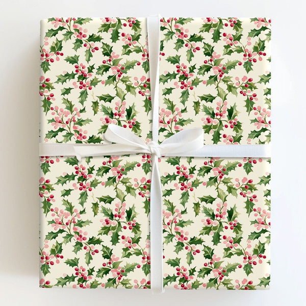 Christmas Botanical Gift Wrap, Watercolor Holly Wrapping Paper, Vintage Holiday Berry Wrapping Paper, Winter Christmas Gift W