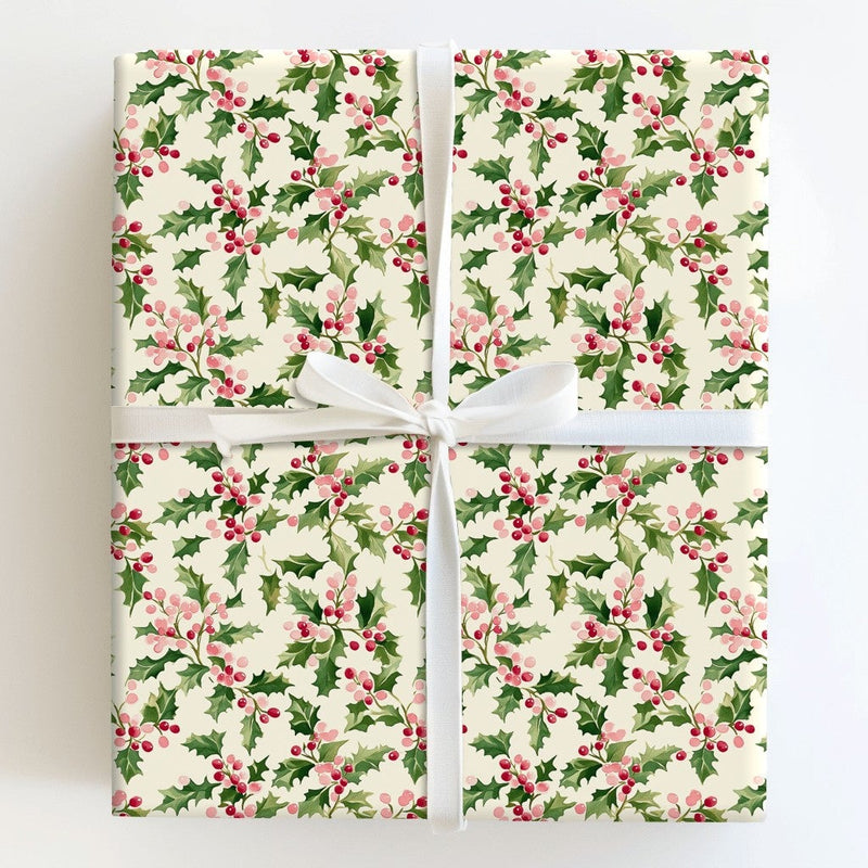 Christmas Botanical Gift Wrap, Watercolor Holly Wrapping Paper, Vintage Holiday Berry Wrapping Paper, Winter Christmas Gift Wrap Roll