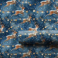 Watercolor Winter Gift Wrap, Leaping Reindeer Christmas Wrapping Paper, String Lights Holiday Wrapping Paper, Dark Blue Reindeer Present Paper