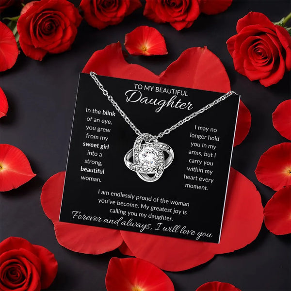 CZ Crystal Pendant Necklace, Daughter Love Knot Necklace, White Yellow Gold Finish Jewelry, Birthday Christmas Present Neckla