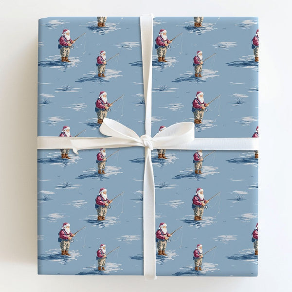 Wading Santa Christmas Gift Wrap, Fishing Santa Wrapping Paper, Icy Blue Winter Holiday Wrapping Paper, Outdoorsman Fishing R