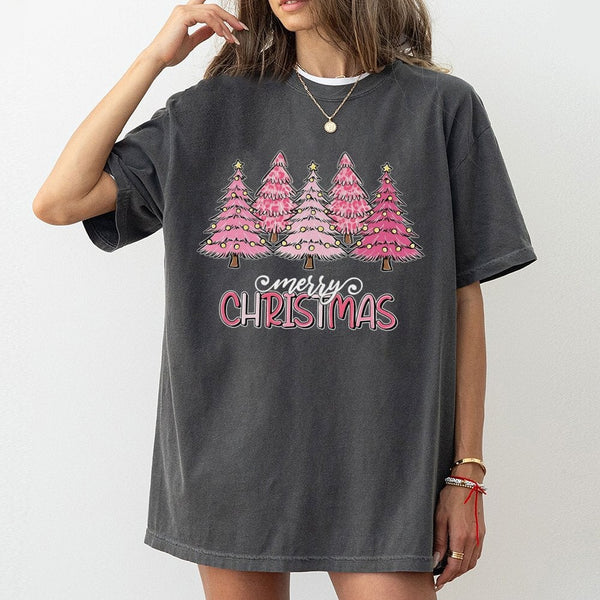 Merry Christmas T-Shirt, Pink Leopard Christmas Tree Shirt, Pink Holiday Trees Graphic Tee, Adorable Festive Christmas Shirt,