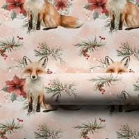 Watercolor Poinsettia Gift Wrap, Winter Fox Wrapping Paper, Woodland Red Fox Wrapping Paper, Christmas Holiday Floral Gift Wrap