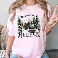 Vintage Steam Engine Christmas Shirt, Believe Christmas Train T-Shirt, Holiday Movie Christmas Tee, Festive Graphic Christmas T-Shirt, Present