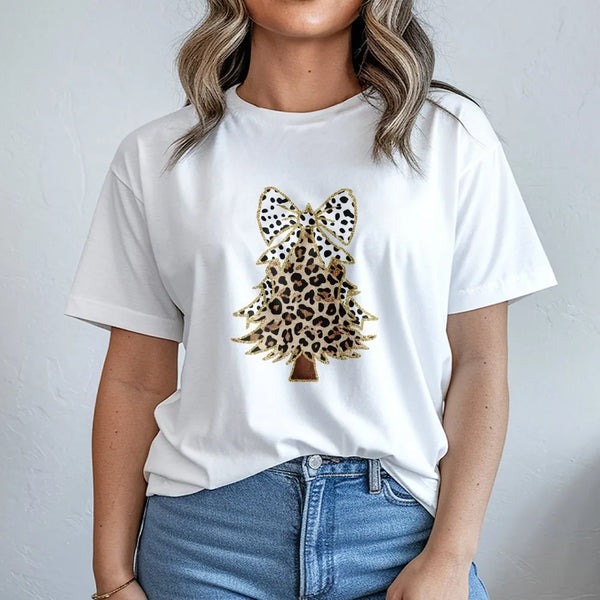 Glitzy Bow Holiday Graphic Tee, Leopard Print Christmas Tree T-Shirt, Leopard Xmas Tree Shirt, Cheetah Print Christmas T-Shir