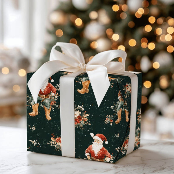 Western Floral Holiday Gift Wrap, Cowboy Santa Christmas Wrapping Paper, Rustic Country Santa Wrapping Paper, Dark Green Xmas