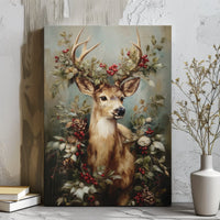 Rustic Woodland Deer Print, Christmas Deer Canvas Wall Art, Holly Berry Vintage Oil Painting Poster, Holiday Wall Decor Digital Download