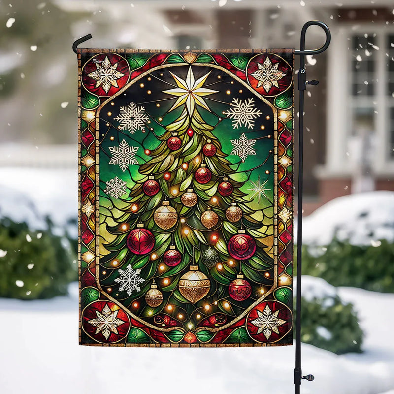 Festive Holiday Yard Flag, Stained Glass Christmas Tree Garden Flag, Winter Season Outdoor Flag, Double-Sided Christmas Lawn Decor