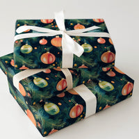 Pine Branch Holiday Gift Wrap, Watercolor Ornament Christmas Wrapping Paper, Dark Green Xmas Wrapping Paper, Festive Winter Gift Wrap Roll