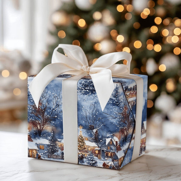 Watercolor Winter Town Gift Wrap, Snowy Village Christmas Wrapping Paper, Illuminated House Holiday Wrapping Paper, Comfy Fes