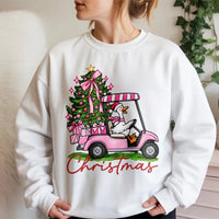 Pink Golf Cart Christmas Tree Crewneck, Christmas Goose Sweatshirt, Retro Pink Christmas Sweatshirt, Adorable Holiday Pullover Sweater Present