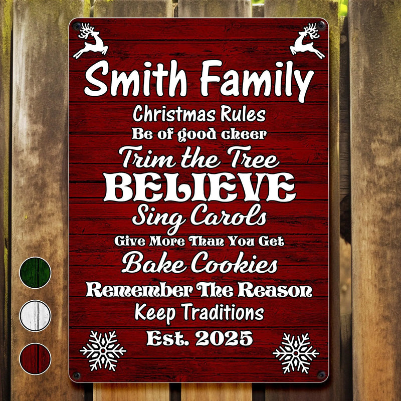 Custom Holiday Family Metal Sign, Personalized Christmas Rules Metal Sign, Winter Farmhouse Decor, Xmas Living Room Art