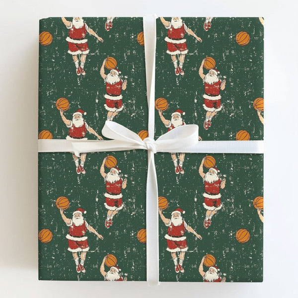 Dark Green Sports Christmas Gift Wrap, Retro Basketball Santa Wrapping Paper, Dribbling Santa Holiday Wrapping Paper, Xmas Wr