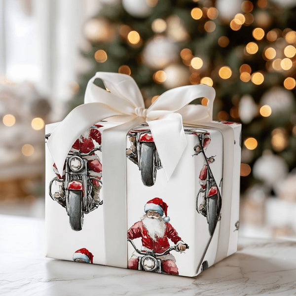 Vintage Biker Santa Gift Wrap, Motorcycle Santa Wrapping Paper, Humorous Motorcycle Christmas Wrapping Paper, Biker Holiday G