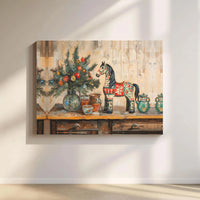 Vintage Folk Art Holiday Canvas Wall Art, Dala Horse Christmas Canvas Print, Scandinavian Seasonal Canvas, Winter Still Life Wall Art Present