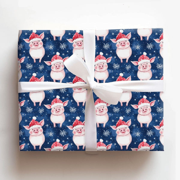 Santa Hat Piggy Holiday Gift Wrap, Adorable Christmas Pig Wrapping Paper, Whimsical Animal Present Wrap, Navy Winter Packagin