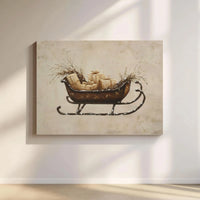 Vintage Holiday Gift Box Canvas Wall Art, Rustic Christmas Sleigh Canvas Print, Winter Farmhouse Canvas Decor, Seasonal Wall Hanging