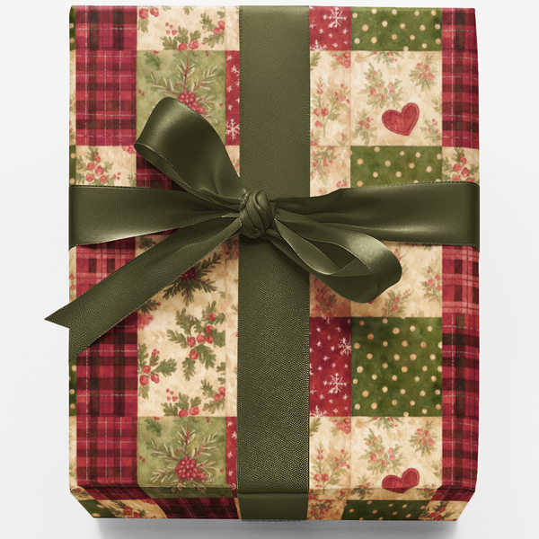 Patchwork Plaid Gift Wrap, Rustic Christmas Wrapping Paper, Holiday Heart Wrapping Paper, Vintage Christmas Gift Wrap, Countr