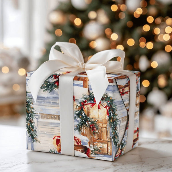 Winter Sled Holiday Gift Wrap, Snowy Front Porch Christmas Wrapping Paper, Rustic Cottage Porch Wrapping Paper, Festive Winte