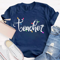 Adorable Holiday Educator Graphic Tee, Christmas Lights Snow Teacher T-Shirt, Festive Winter Teacher Shirt, Merry Christmas Present
