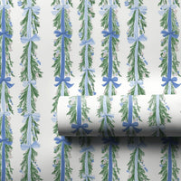 Pine and Blue Bow Gift Wrap, Evergreen Garland Wrapping Paper, Holiday Garland Wrapping Paper, Winter Christmas Wrapping Paper Roll