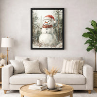 Festive Winter Forest Snow Print, Watercolor Christmas Snowman Canvas Wall Art, Holiday Season Wall Decor, Snowman Digital Download