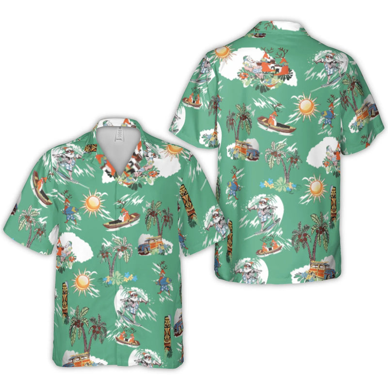Tropical Christmas Reindeer Shirt, Surfing Santa Hawaiian Shirt, Humorous Holiday Beach Button Up Shirt, Xmas Party Vacation Shirt for Men