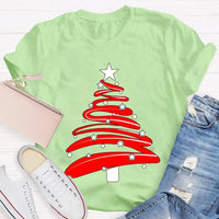 Festive Holiday Season Graphic Tee, Red Christmas Tree Stars Graphic Shirt, Merry Christmas Tree T-Shirt, Winter Holiday Party Apparel