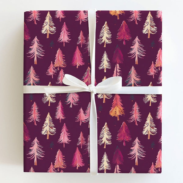 Plum Purple Christmas Gift Wrap, Pink Pine Tree Wrapping Paper, Modern Painterly Holiday Wrapping Paper, Colorful Tree Gift W