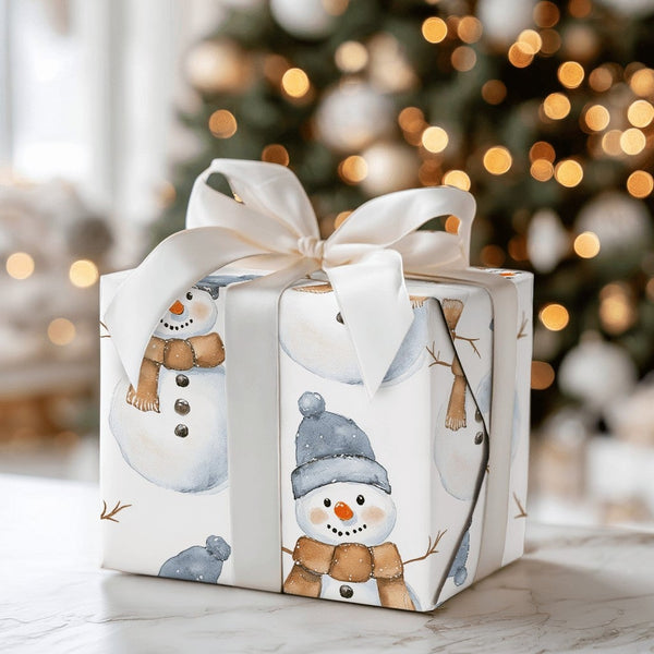 Adorable Winter Holiday Gift Wrap, Watercolor Snowman Wrapping Paper, Festive Snowmen Christmas Wrapping Paper, Comfy Seasona