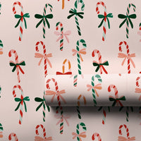 Pastel Holiday Bow Gift Wrap, Pink Candy Cane Christmas Wrapping Paper, Whimsical Peppermint Wrapping Paper, Festive Adorable Gift Wrap Roll