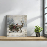 Rustic Christmas Sleigh Canvas, Winter Deer Square Canvas Wall Art, Bullfinch Berry Farmhouse Wall Art, Holiday Nature Canvas Print