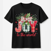 Plaid Festive Holiday Graphic Tee, Joy to the World Christmas T-Shirt, Christian Faith Xmas Shirt, Joyful Religious Holiday T-Shirt Present