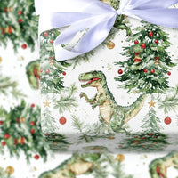 Watercolor T-Rex Gift Wrap, Dinosaur Christmas Wrapping Paper, Xmas Tree Dino Wrapping Paper, Holiday Dinosaur Gift Wrap, Festive Present Paper