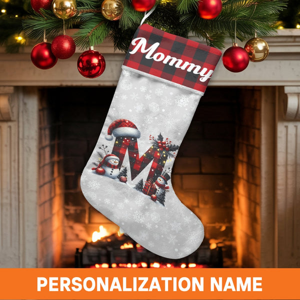 Buffalo Plaid Christmas Stocking, Personalized Letter M Christmas Stocking, Monogram Initial Holiday Stocking, Rustic Family 