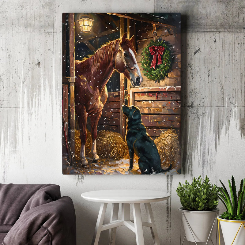 Rustic Barn Snow Scene Wall Art, Christmas Horse and Labrador Canvas, Festive Winter Dog Decor, Digital Download Print