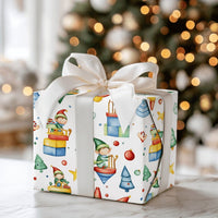 Whimsical Holiday Toy Gift Wrap, Watercolor Christmas Elves Wrapping Paper, Adorable Kids Xmas Wrapping Paper, Retro Toy Elf Holiday Present Paper