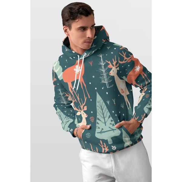 Scandinavian Folk Art Deer Sweatshirt, Winter Forest Deer Hoodie, Comfy Nordic Christmas Pullover, Woodland Nature Hooded Swe