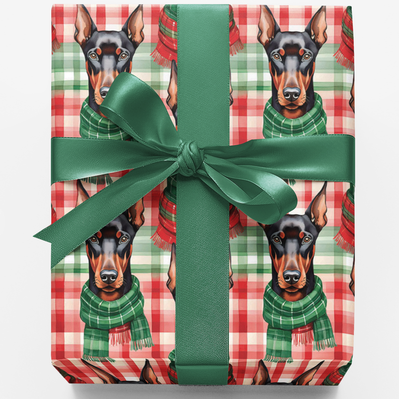 Holiday Plaid Dog Gift Wrap, Doberman Pinscher Wrapping Paper, Christmas Pet Lover Wrapping Paper, Festive Breed Present Paper Roll