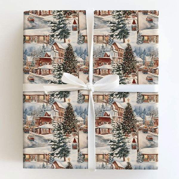 Snowy Town Storefronts Holiday Gift Wrap, Vintage Christmas Village Wrapping Paper, Nostalgic Xmas Wrapping Paper, Festive Wi