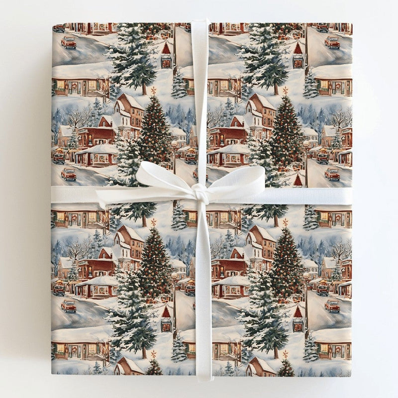 Snowy Town Storefronts Holiday Gift Wrap, Vintage Christmas Village Wrapping Paper, Nostalgic Xmas Wrapping Paper, Festive Winter Gift Wrap