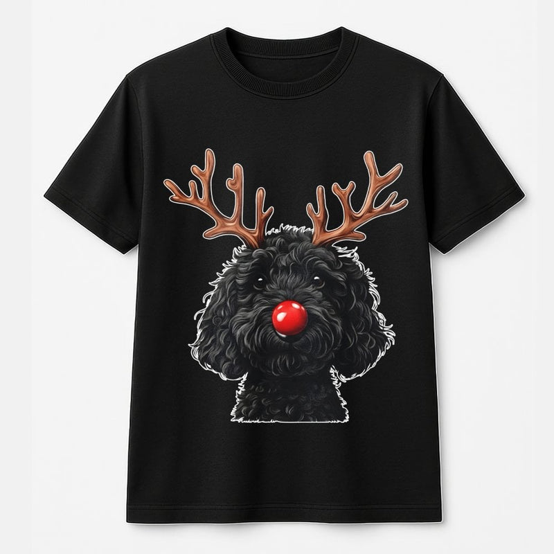 Reindeer Antlers Doodle Dog Holiday Graphic Tee, Goldendoodle Christmas T-Shirt, Adorable Puppy Xmas Shirt, Dog Lover Holiday Present